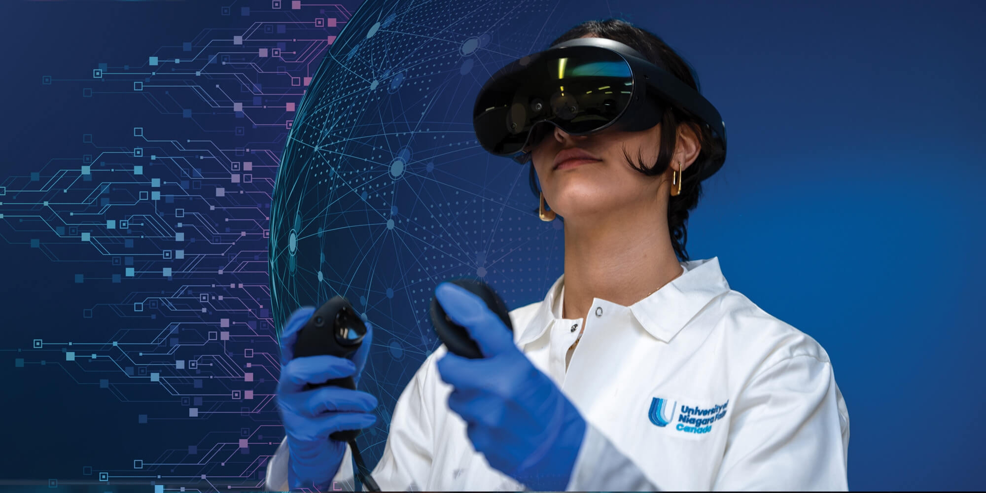 A woman with a virtual reality headset, engaged in an immersive experience, set against a dynaimc globe backdrop