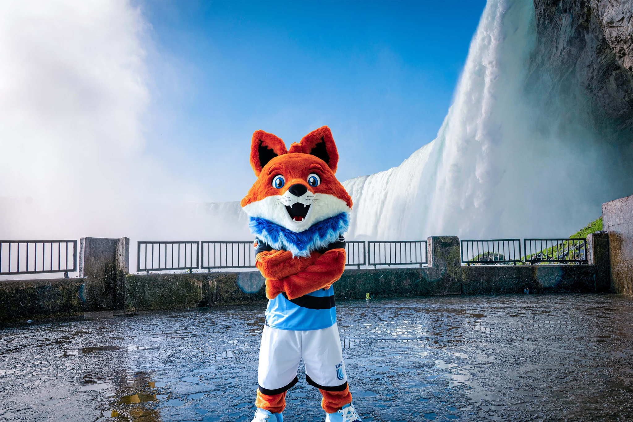 UNF Mascot named Spark standing infront of Niagara falls view