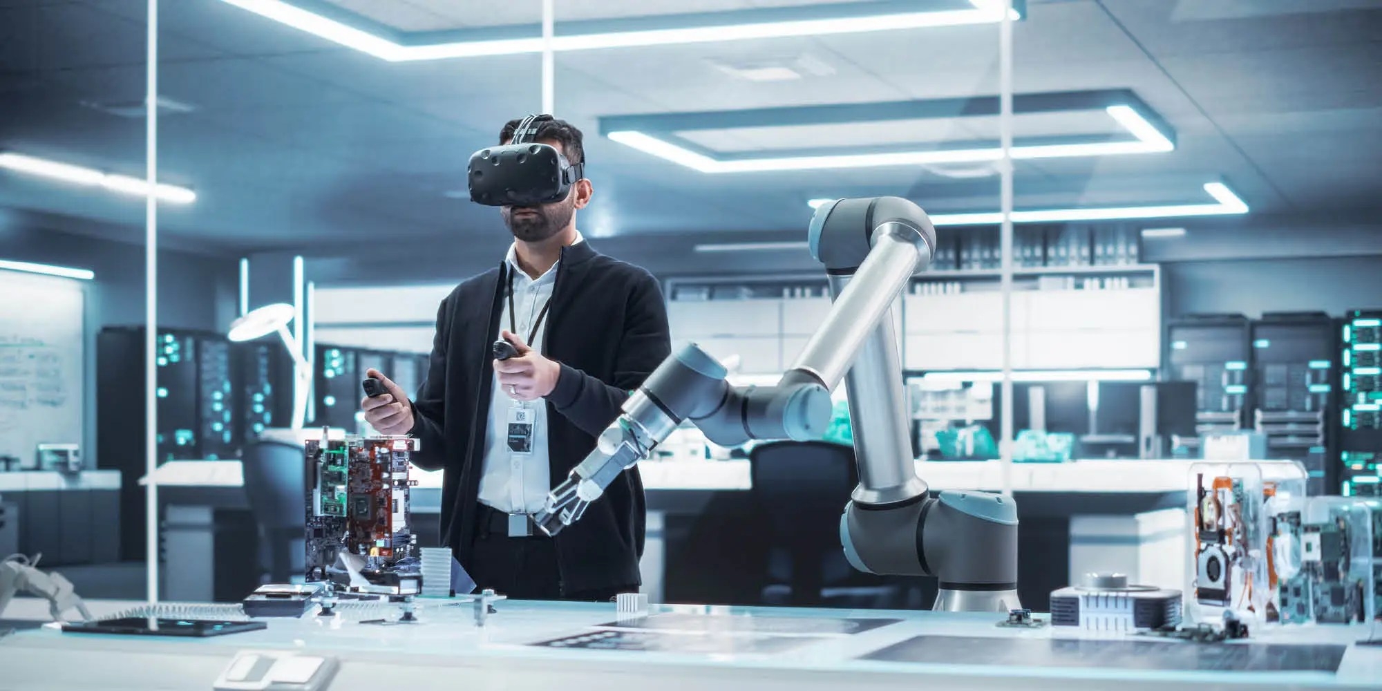 Robotics Engineer Operating a Futuristic Robotic Arm, Using a Virtual Reality Headset and Controllers to Perform Tasks