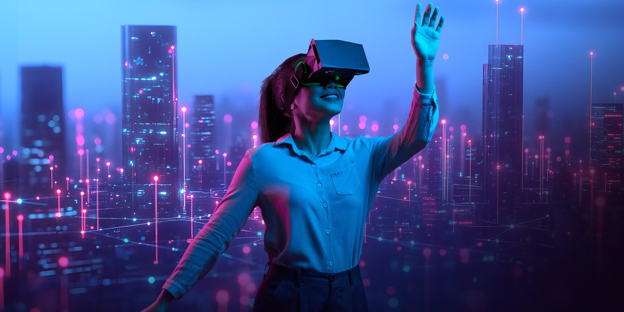 A woman wearing a virtual reality headset, immersed in a digital experience against a vibrant cityscape backdrop
