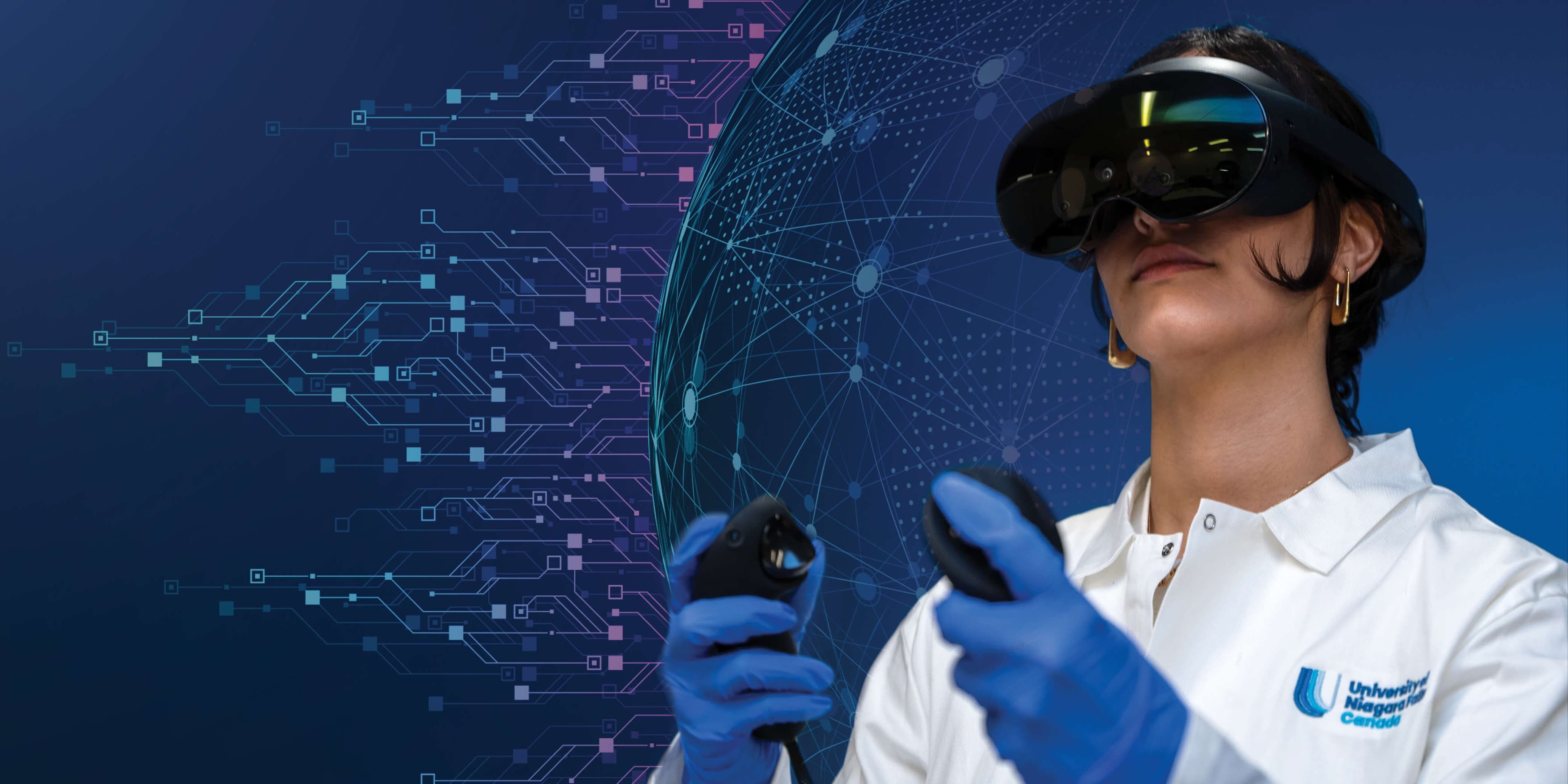 A woman with a virtual reality headset, engaged in an immersive experience, set against a dynaimc globe backdrop