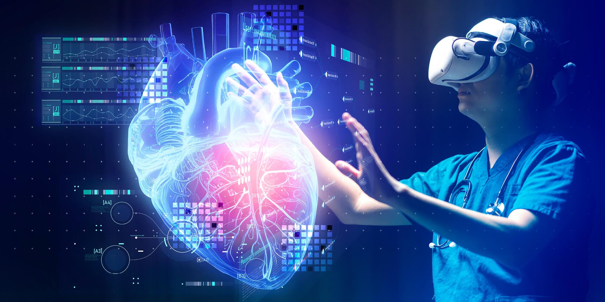 A man in a blue scrub suit, wearing a virtual reality headset, presents a virtual heart, representing dedication and empathy in the medical field