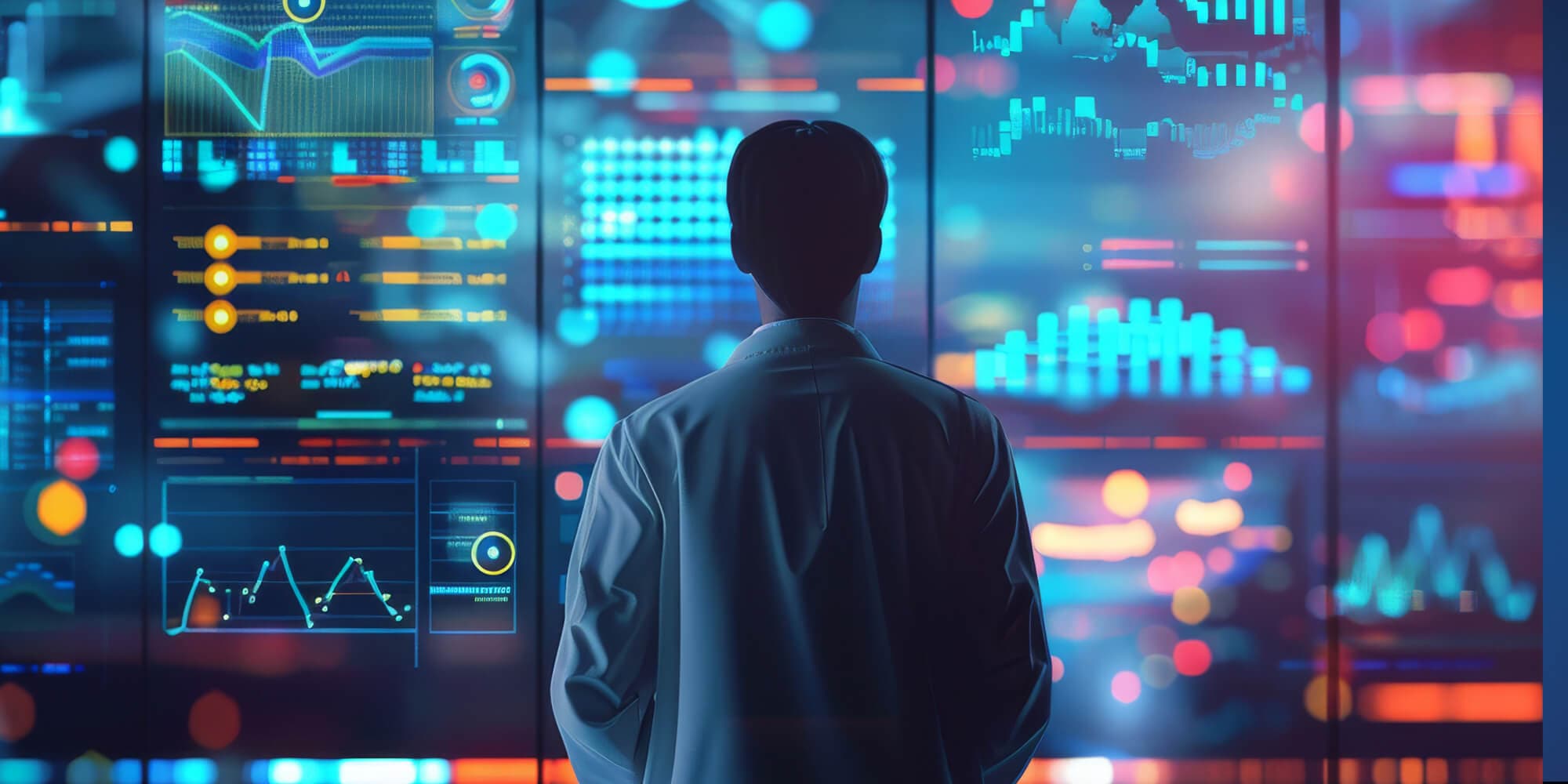 A man in a lab coat examines data on a computer screen in a laboratory setting