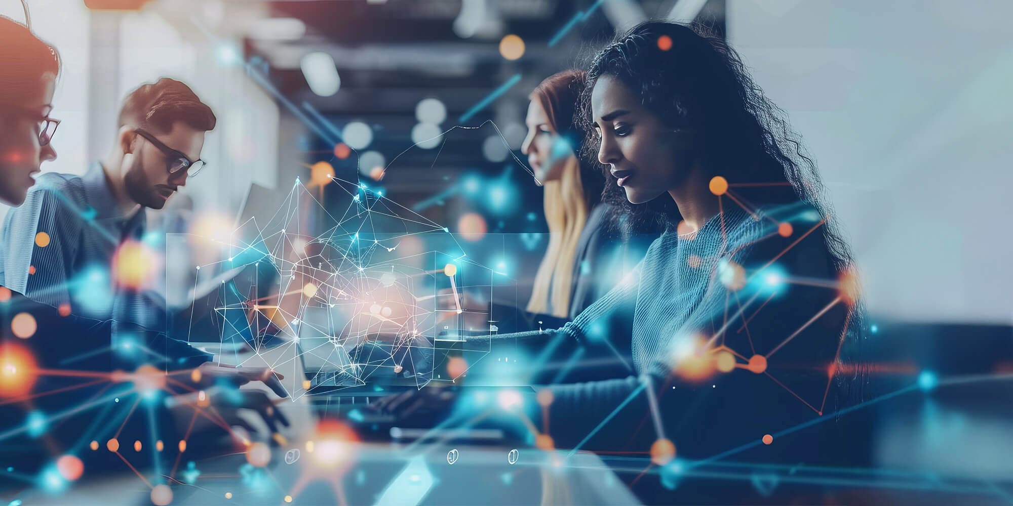 Group of people working and some tech graphics overlay on the image