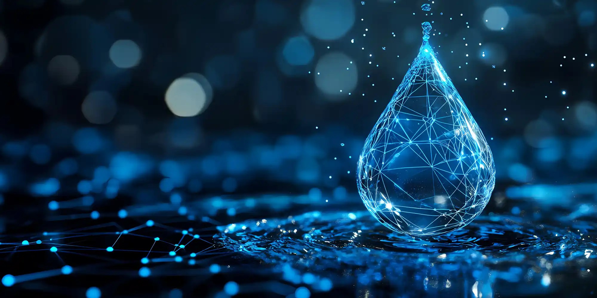 A digital representation of a water droplet formed by interconnected glowing lines and nodes