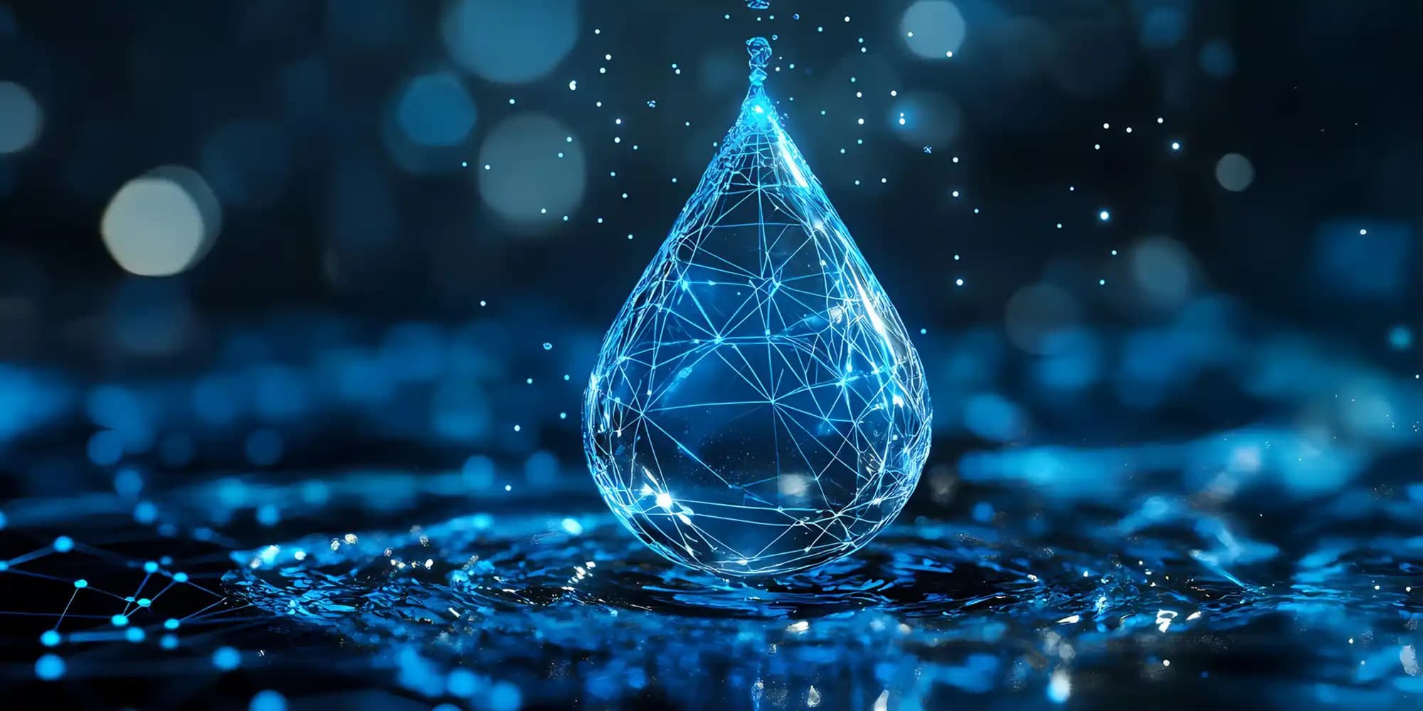 A digital representation of a water droplet formed by interconnected glowing lines and nodes