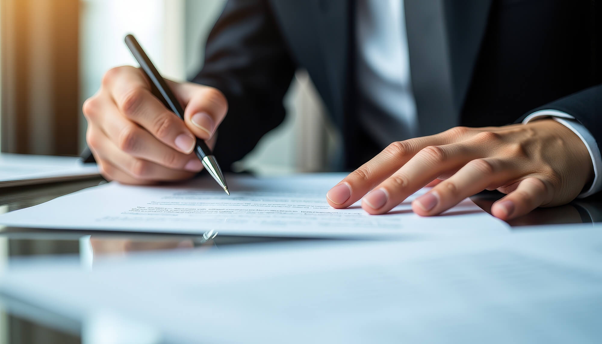 A man in formal attire is engaged in signing a document, symbolizing a significant business transaction