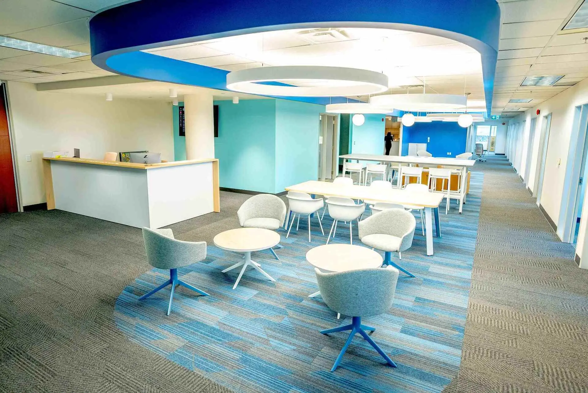 A modern workspace showcasing blue and white furniture, designed for a clean and efficient office environment.