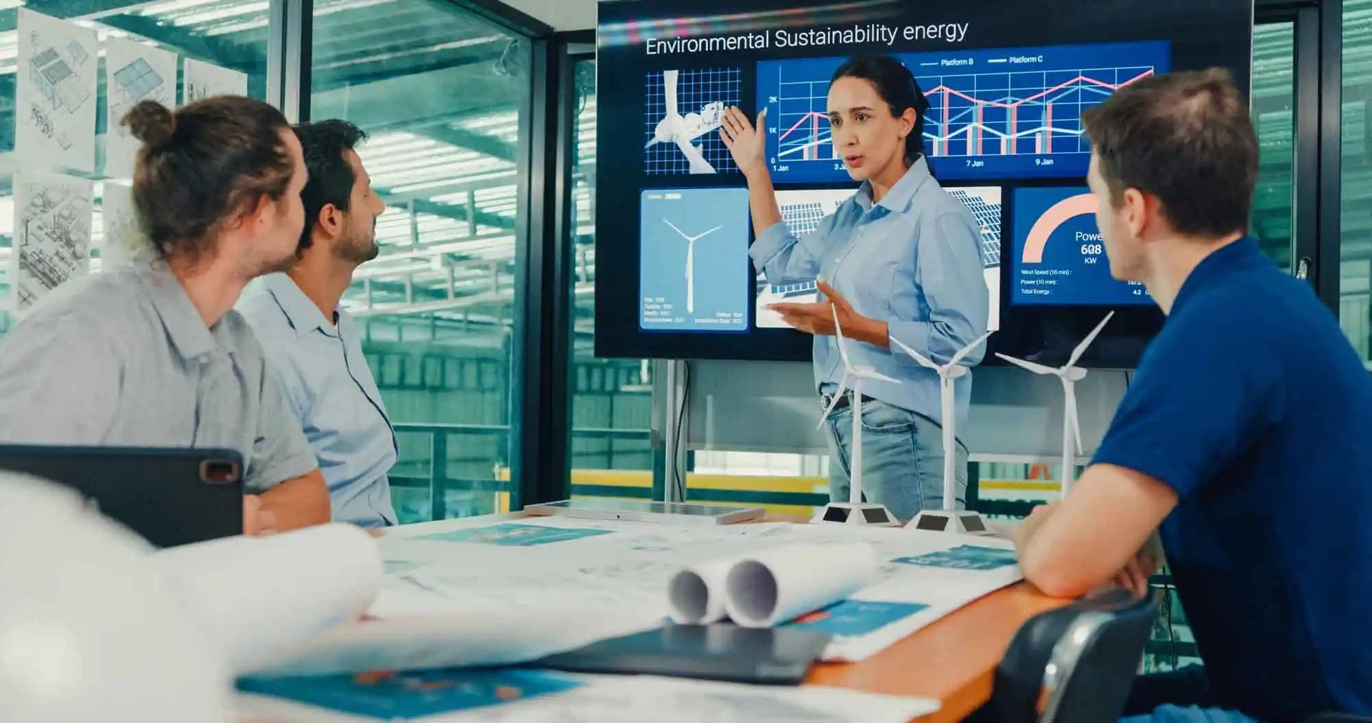 Team of industrial engineers meeting of renewable energy working on an innovative more efficient solar panel battery in manufacturing factory.