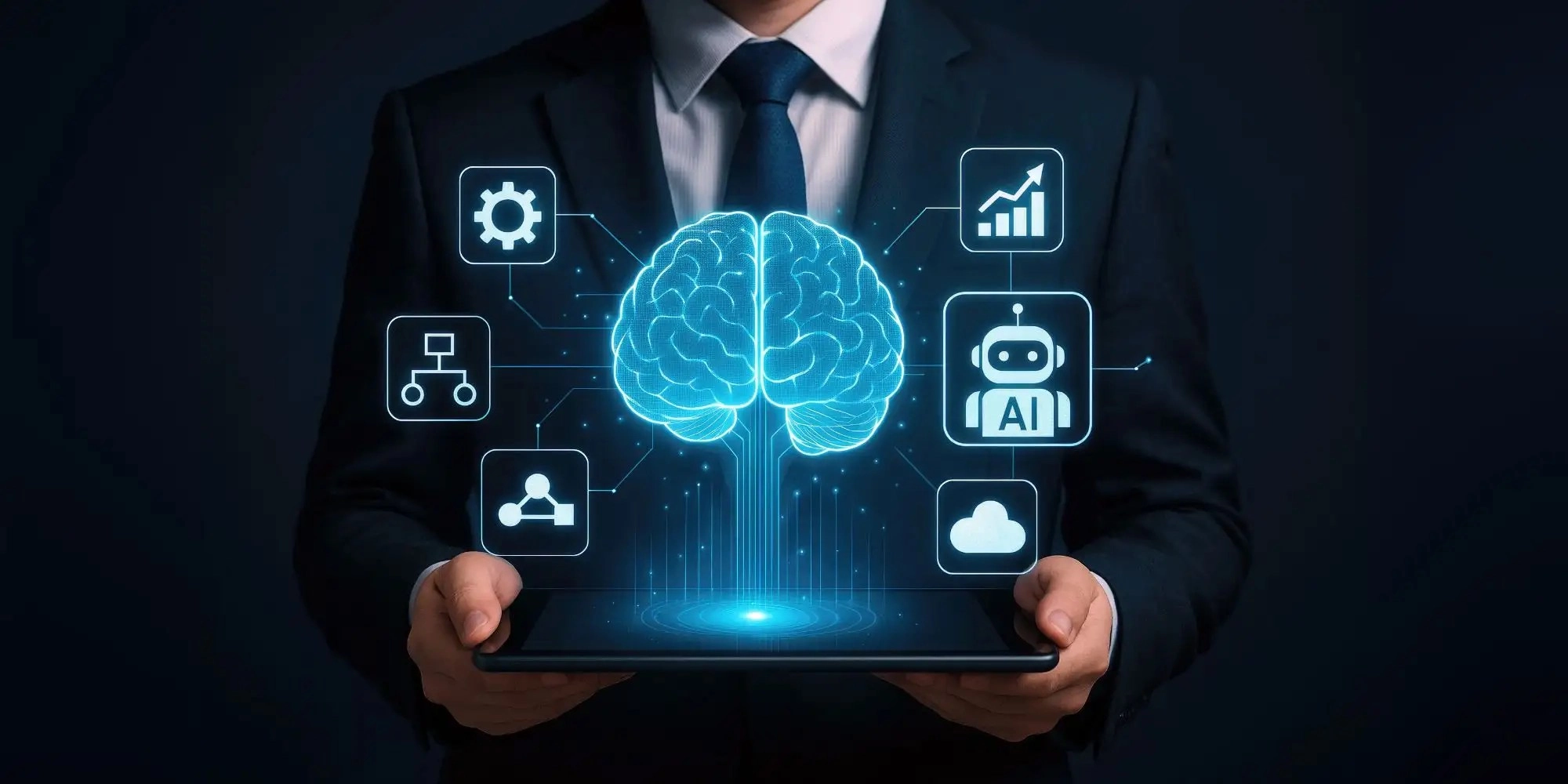 Futuristic digital brain network with business icons artificial intelligence technology