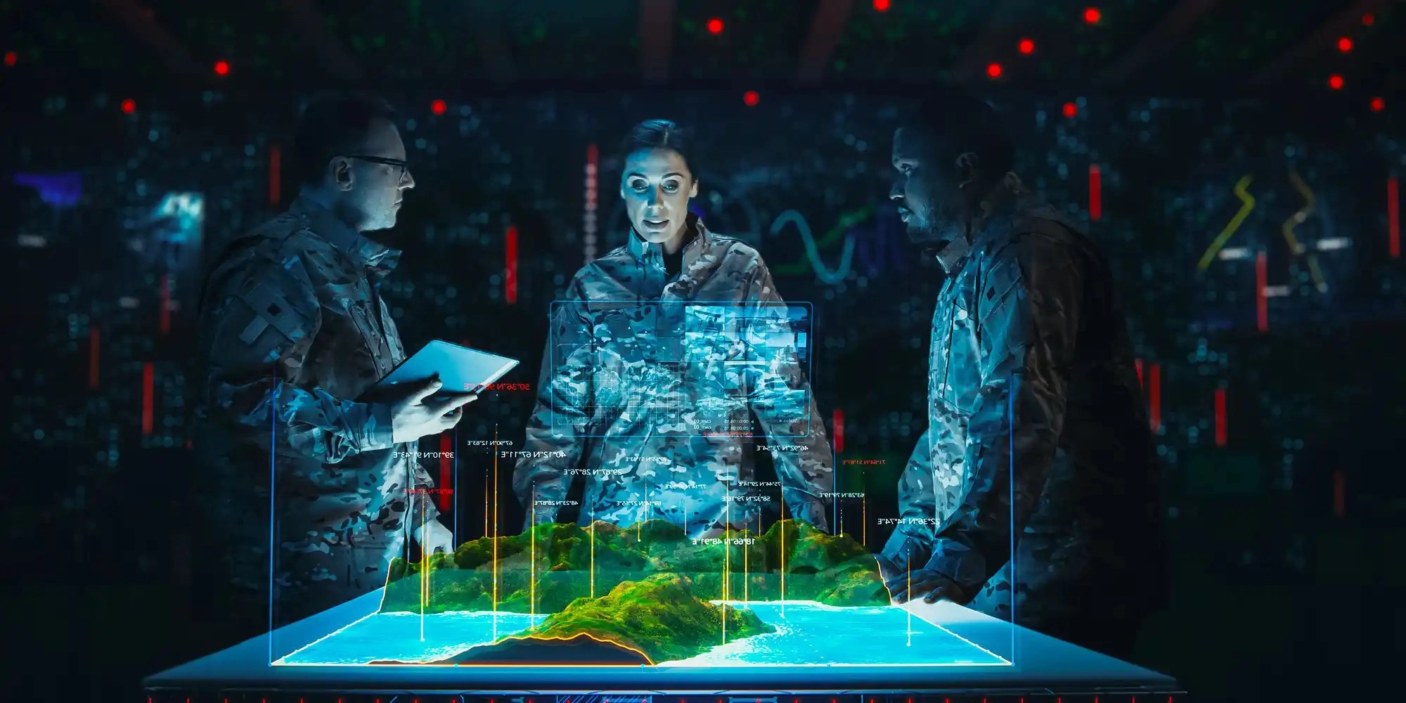 Futuristic Warfare Strategy: Military Intelligence Experts use Holographic Augmented Reality Table Map to Scan Enemy Position.
