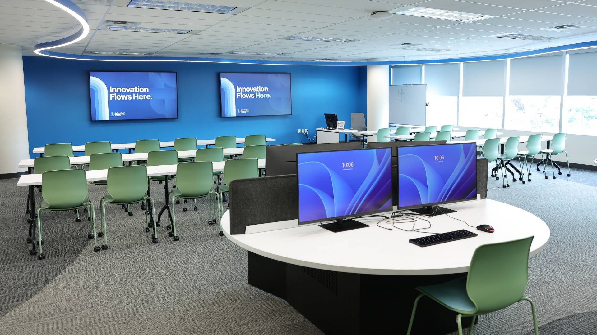 Modern classroom with digital displays