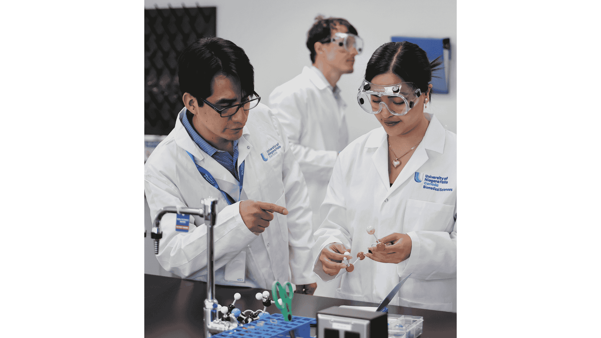 Students examining a molecular model