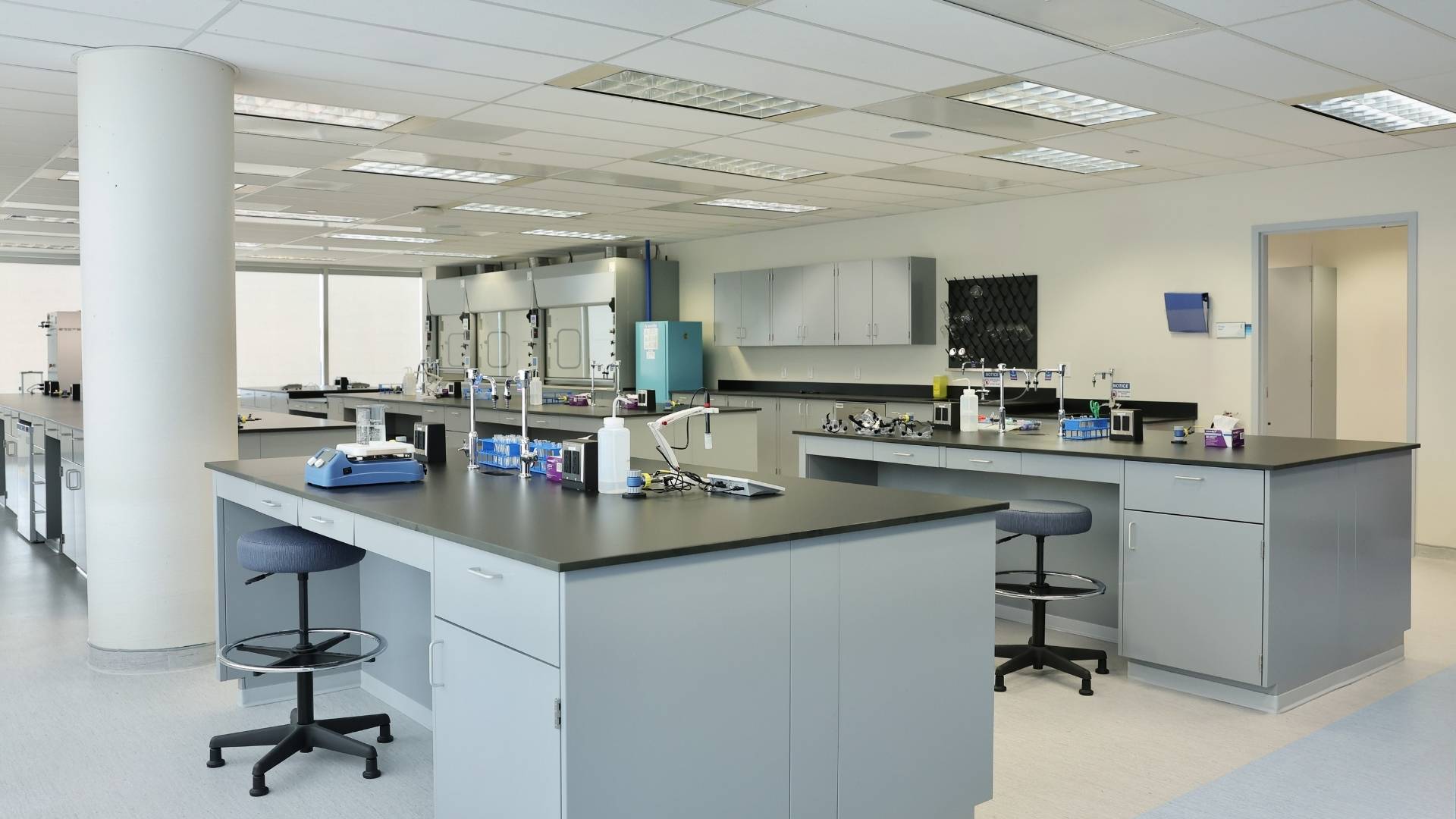 Bright laboratory with workstations